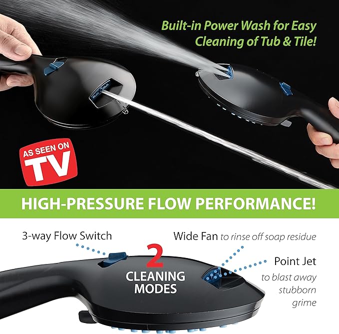 AquaCare High Pressure 8-mode Handheld Shower Head - Anti-clog Nozzles, Built-in Power Wash to Clean Tub, Tile & Pets, Extra Long 6 ft. Stainless Steel Hose, Wall & Overhead Brackets