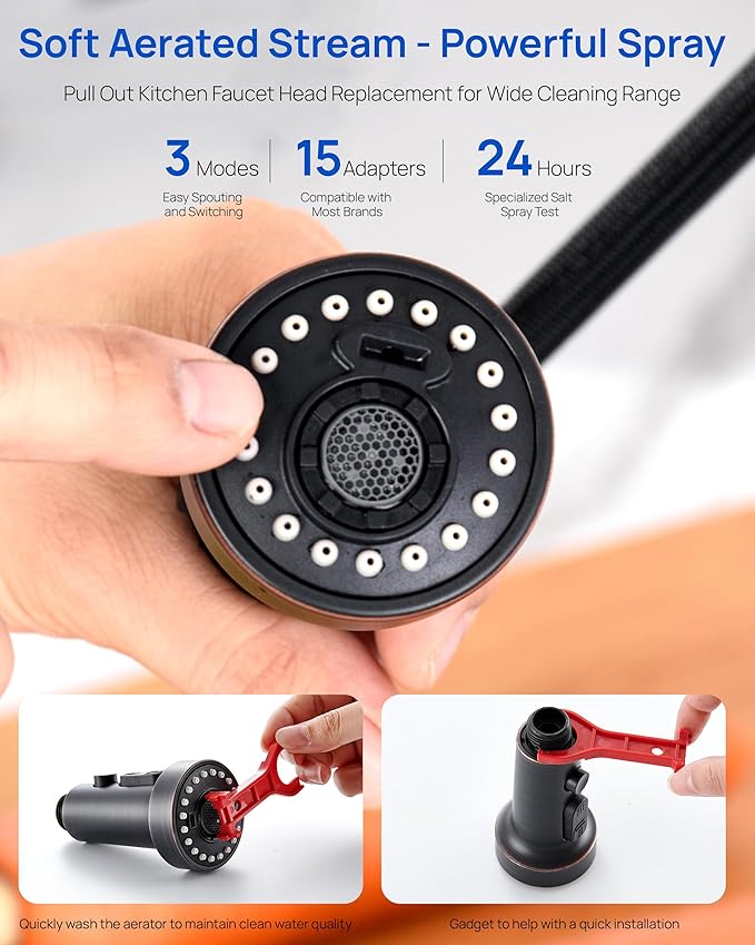 J-HVA Pull Down Kitchen Faucet Sprayer Head Replacement Part with Adapters, 3 Function Pull Out Sink Sprayer Replacement Nozzle, Kitchen Faucet Head Hose Spray Tap Spout, Oil Rubbed Bronze