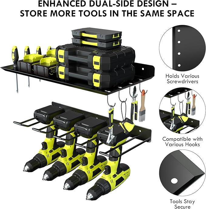 KSVO Wall Mount Power Tool Organizer, Metal Drill Holder for Garage, Workshop, and Shed, Heavy Duty Tool Storage Rack for Handheld & Cordless Tools (Black)