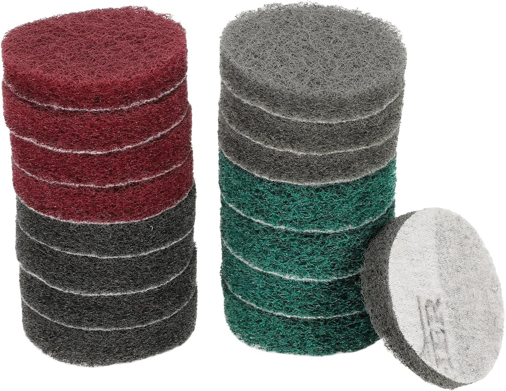 HARFINGTON 4pcs Scrubber Scouring Pads 180 400 800 1200 Grits 2 Inch Drill Power Brush Hoop and Loop Surface Conditioning Disc Drill Scuffing Disc Scrub Pads for Kitchen Cleaning, 4 Colors