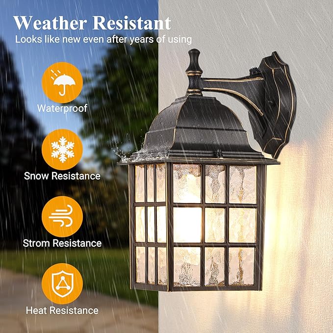 Black Dusk to Dawn Outdoor Lights for House with Gold Rim, Sensor Exterior Lighting Fixtures Wall Mount, Waterproof Porch Lights, Wall Lantern Lamp, Outside Sconce for Front Door, Garage 2 Pack