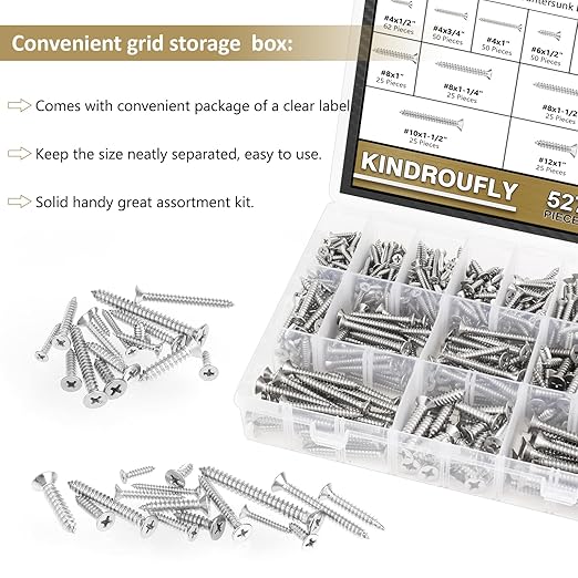 527 Pieces #4#6#8#10#12 Phillips Countersunk Head Self-Tapping Screws, Wood Screws Assortment Kit, 304 Stainless Steel