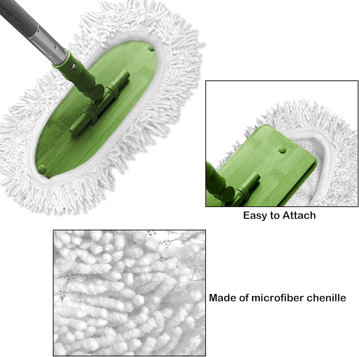 Reusable Microfiber Chenille Mop Pads Compatible with Swiffer Sweeper, Dry Sweeping Cloths & Wet Mopping Cloths, Refills for Hardwood Surface Floor Cleaning, 4 Pack (White)