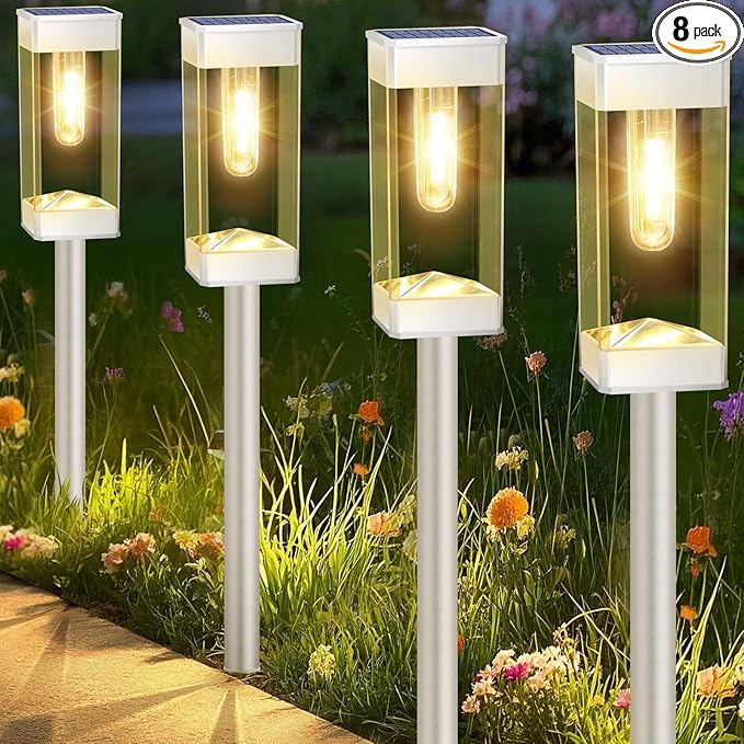 Solar Pathway Lights 8 Pack Solar Outdoor Lights with LED Tungsten Filament Bulb Waterproof Stainless Steel Garden Lighting for Outside Driveway Landscape Lawn Path Christmas (White)