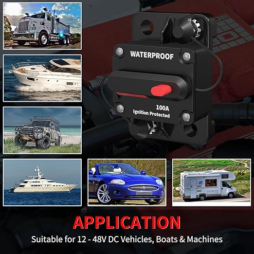 DaierTek 100 Amp Circuit Breaker 12V - 48V, DC 12 Volt Circuit Breaker 100A Inline with Manual Reset Waterproof for Marine Boat Trolling Automotive Car RV ATV Audio-2Pack