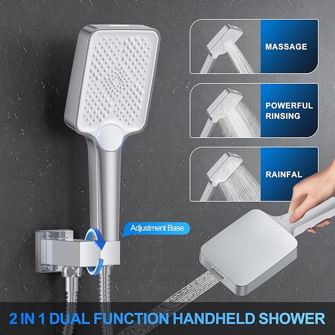 Shower Faucet Set, 12" Ceiling Mount Rainfall Shower System with 2 Rain Shower Head and Multi-function Handheld Head Push Button Diverter Shower Faucet Trim Kit (12", Polished Chrome)