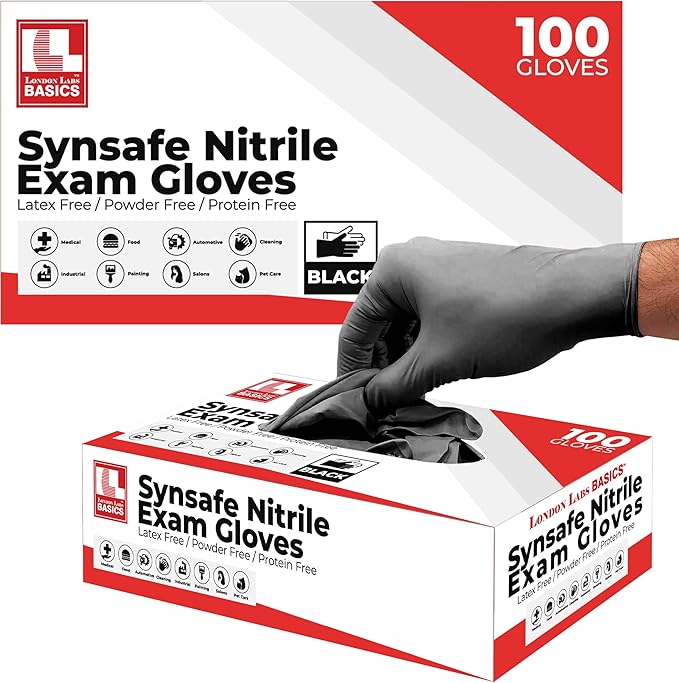 Synsafe 4 Mil - Black Nitrile Exam Gloves –Disposable Latex Free & Powder Free – Extra Strong, Rubber Gloves – First Aid Kit, Medical, EMT, Cleaning, Cooking | Pack of (200 ct)