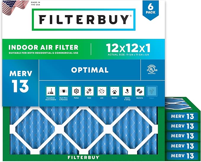 Filterbuy 12x12x1 Air Filter MERV 13 (MPR 1900) Health Defense Replacement (6-Pack), Electrostatic Pleated HVAC AC Furnace Filters, Made in USA (Actual Size: 11.75 x 11.75 x 0.75)