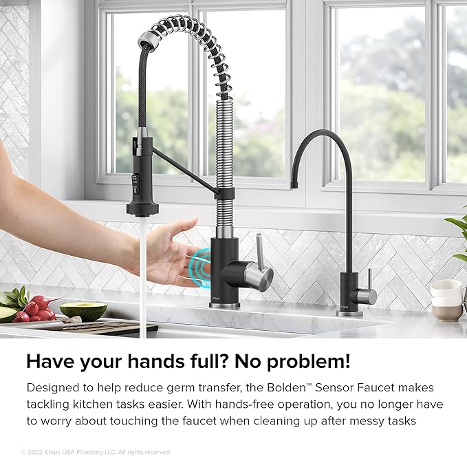 KRAUS Bolden Touchless Sensor Commercial Style 2-Function Single Handle Pull Down Kitchen Faucet in Spot-Free Stainless Steel/Matte Black, KSF-1610SFSMB