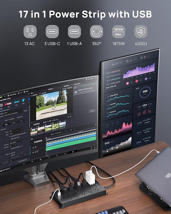 TROND 360° Rotating Flat Plug, Surge Protector Power Strip, 13AC Widely Spaced Outlets Expansion with 3 USB C Ports, 4000J, 10ft Extension Cord Heavy Duty, Wall Mount, Under Desk, ETL Listed, Black