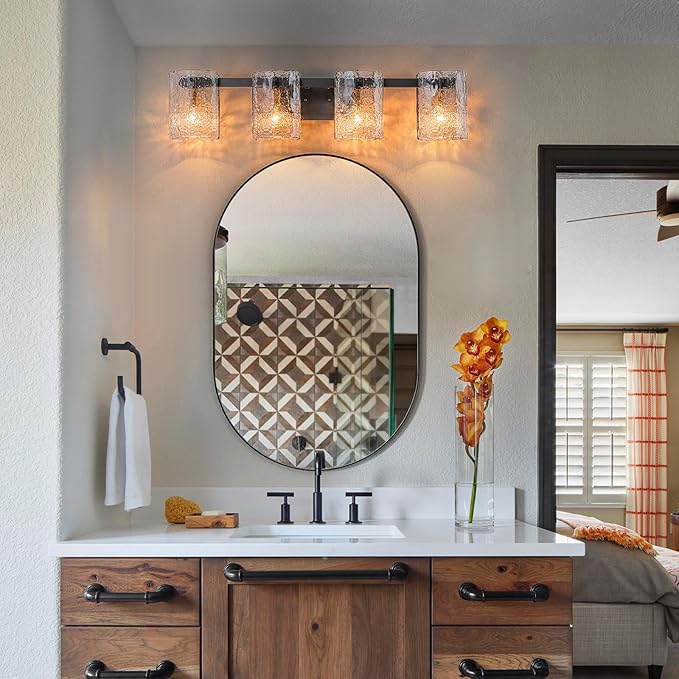 EDISLIVE Vintage Bathroom Vanity Light Black 4-Light Bath Wall Light Fixture with Ripple Block Shades Glass 32.9" E12 Antique Wall Sconce for Bedroom Hallway Living Room Vanity Mirror