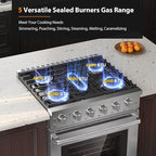 Empava 30 Inch Gas Range with True Convection, 4.55 Cu. Ft Oven, 18,000 BTU Power Burner for Searing, 5 Sealed Burners Cooktop, Convertible NG/LP, Stainless Steel, CSA Certified