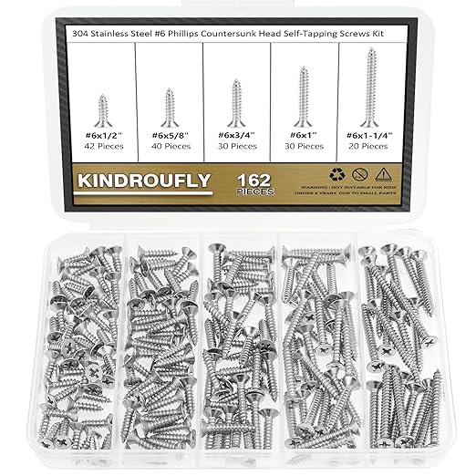 162 Pieces #6 x 1/2" 5/8" 3/4" 1" 1-1/4" Phillips Countersunk Head Self-Tapping Screws, Wood Screws Assortment Kit, 304 Stainless Steel