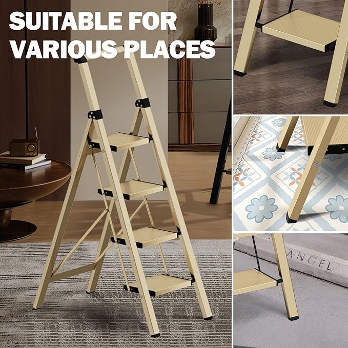 4 Step Ladder, Lightweight Folding Step Stool with Anti-Slip Aluminum Wide Pedal& Convenient Handgrip, 330lbs Capacity Steel Ladder for Household and Office (Gold)