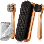 4 Pcs Horsehair Shine Shoes Brush Kit Polish Dauber Applicators Cleaning Leather Shoes Boots Care Brushes Suede Cleaner Brush with Microfiber Shoe Cloth(4 Pcs Style B)