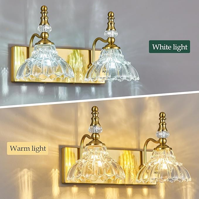 Vintage Bathroom Vanity Light, 2-Light Gold Vanity Lighting Fixture with Flower Glass Shade, Bathroom Lighting Fixtures Over Mirror