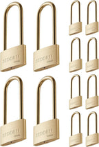 Weather Proof Lock, Keyed Alike Solid Brass Padlocks with Long Brass Shackle, Light Duty, 1-1/2" Wide Body, Marine Padlock, Anti Rust Lock, 12 Pack