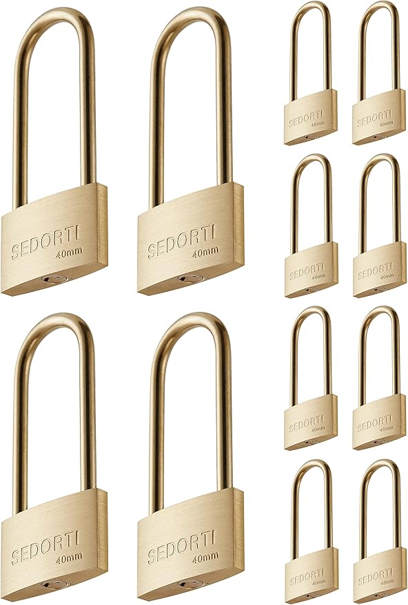 Weather Proof Lock, Keyed Alike Solid Brass Padlocks with Long Brass Shackle, Light Duty, 1-1/2" Wide Body, Marine Padlock, Anti Rust Lock, 12 Pack
