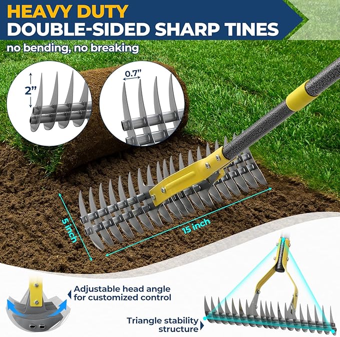 Rake, 70" Heavy Duty Metal Dethatcher Rake with 15" Wide Double-Edged Sharp Tines Thatch Rakes for Lawns,Mulch Dead Grass Removal, Loosening Soil,Lawn Care, Dethatching,Yard,Garden