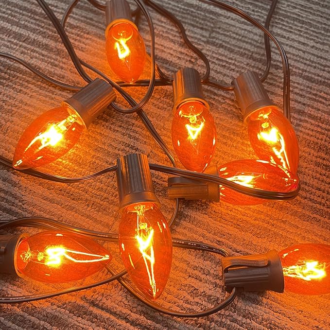 C9 Orange Halloween Light Bulbs, 25-Pack E17 Base, Waterproof Outdoor Bulbs for Halloween Decorations, Patio & Yard Lighting, Spooky Glow for Parties, Pathway & Events