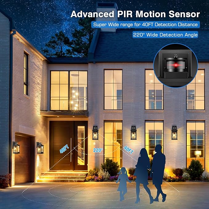 VIANIS Motion Sensor Exterior Lights for House, 2 Pack Dusk to Dawn Porch Lights Sconce Outdoor, Moden Black Outdoor Sconce Lights Lantern with Tempered Glass for Garage, Patio, Waterproof