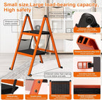 2 Step Ladder,Aluminum Ultra Thin Folding Step Stool,400 Lbs Capacity Heavy Duty with Anti-Slip Sturdy and Wide Tread,Closet Slim Step for Home,Kitchen and Office,Space Saving (Orange, 2-Step)