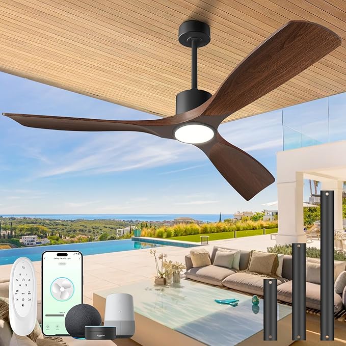 52" Smart Ceiling Fan with Lights,Outdoor Ceiling Fan Work with Alexa/Gg/App/Remote,3-Color Light Dimmable 6-Speed Quiet Reversible for Patio Porch Living Room,Dark Walnut