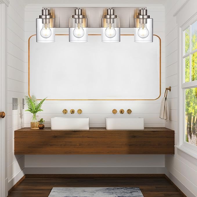 4 Light Vanity Light Brushed Nickel Bathroom Lighting Fixtures Over Mirror, Modern Bathroom Light with Clear Glass Shade, Farmhouse Vanity Lights