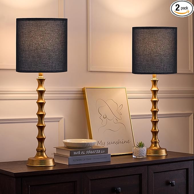 28.75" Gold Table Lamps Set of 2, Gold Buffet Lamps Set of 2 with Black Shade, Rustic Tall Skinny Nightstand Lamp for Bedroom, Living Room, Guest Room Decor