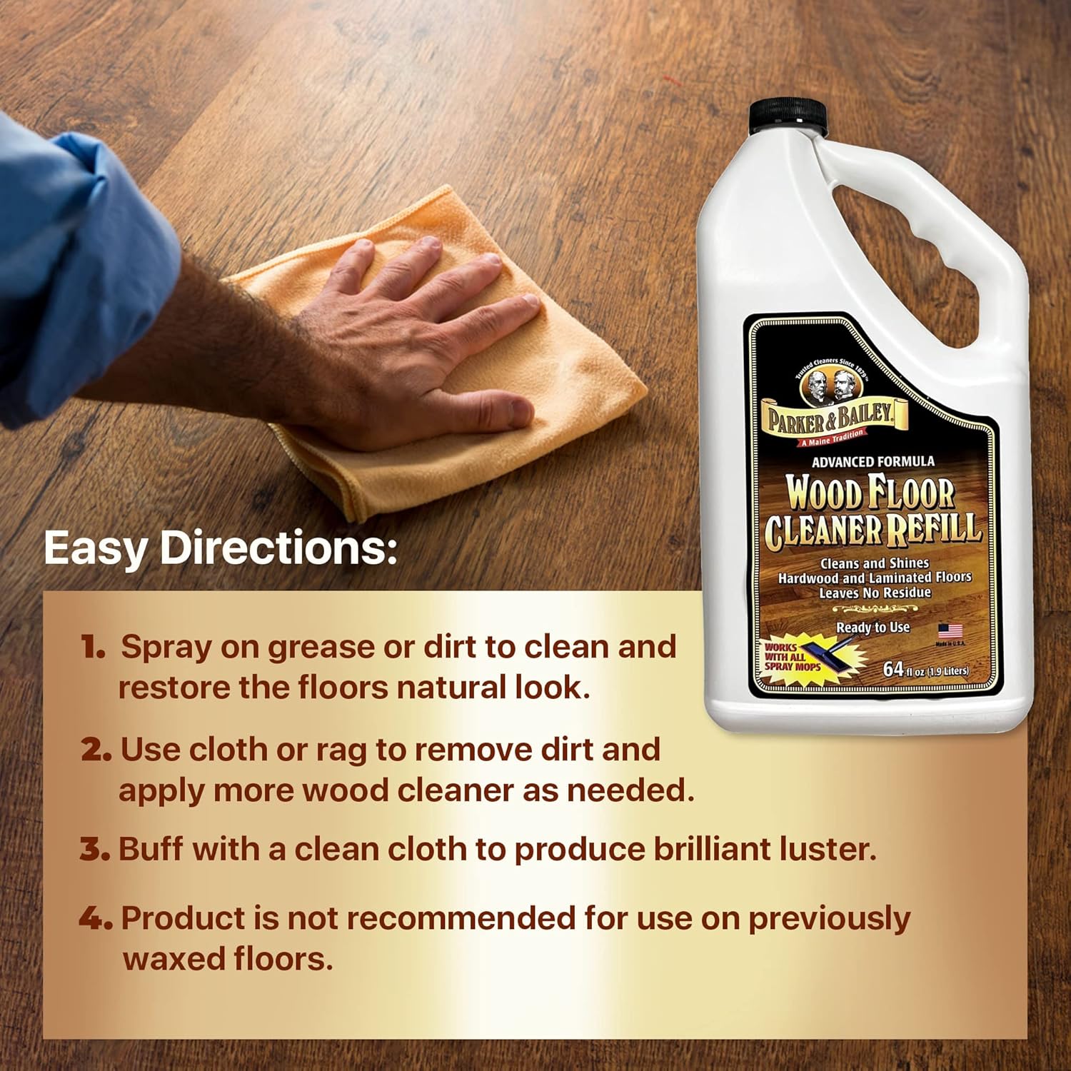 PARKER & BAILEY WOOD FLOOR CLEANER – Use on Hardwood, Laminated or Faux Finished Floors. Shine Restorer Protector, Surface Cleaner Supplies Home Improvement, Natural Look, Cuts Grease, 64oz