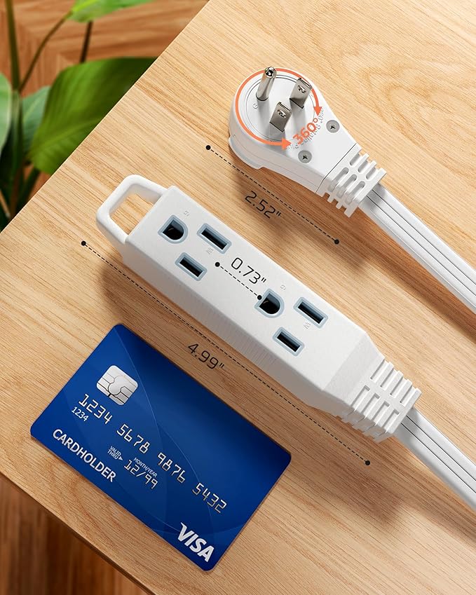 DEWENWILS 15FT Flat Plug Extension Cord, 3 Prong Ultra Thin Power Strip, 360° Rotating Plug, 13A/125V/1625W, 16 Awg Grounded Flat Power Cable for Indoor Narrow Space, SPT-3, ETL Listed, White