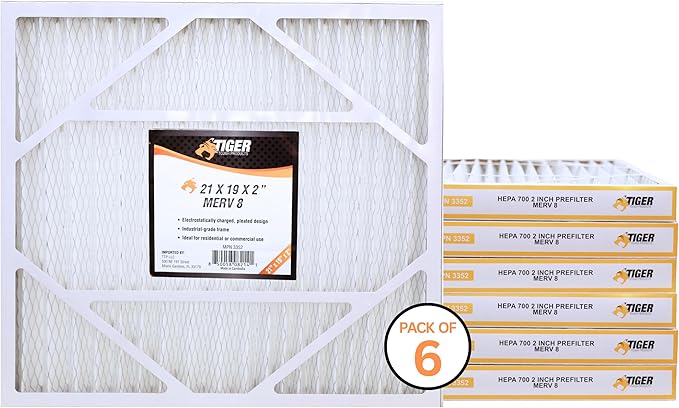 Tiger Tough 21x19x2 MERV 8 MPR 600-800 Air Filter, High-Performance AC Furnace & HVAC Filter, 6-Pack