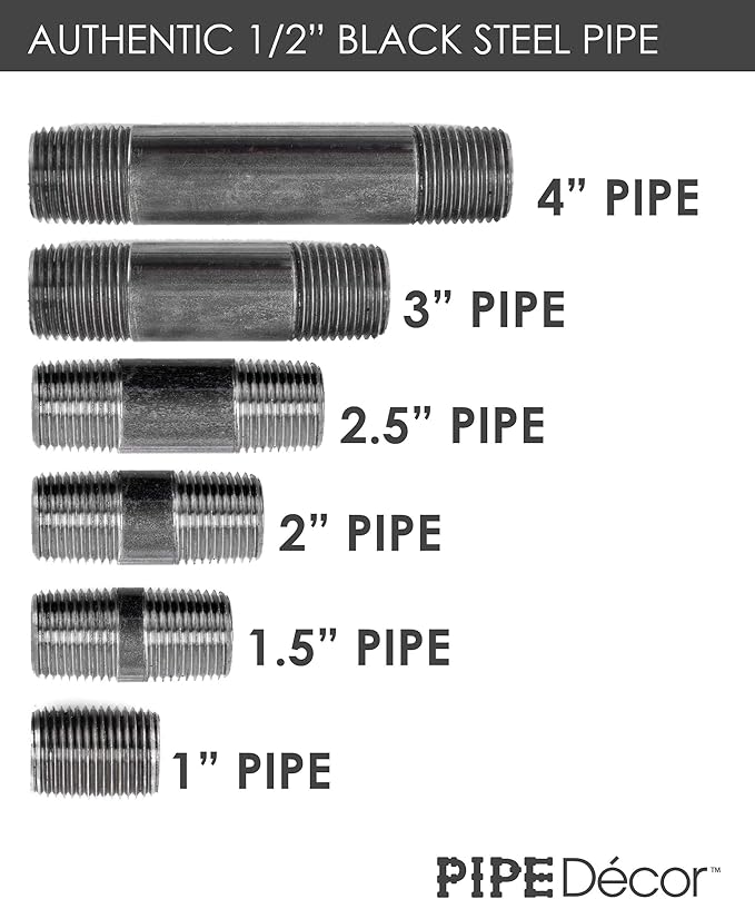 PIPE DÉCOR 1/2” x 4” Malleable Cast Iron Pipe Nipple, Pre Cut Connectors, Industrial Steel Grey Fits Standard Half Inch Black Threaded Pipes Nipples and Fittings, Build Vintage DIY Furniture, 10 Pack