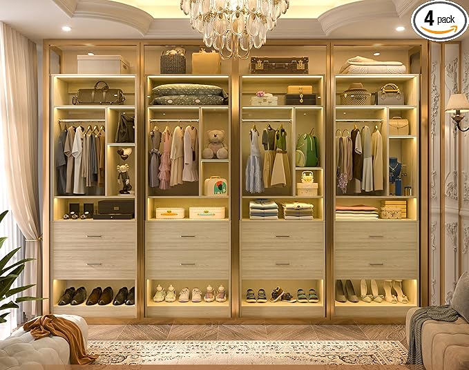 8FT Closet System with 8 Wood Drawers, 96" Closet Organizer System with 20+ Small Shelves & 2 Hanging Rods, Walk-in/Nursery Closet Systems, Set of 4, White Oak (96" L x 15" W x 80" H)