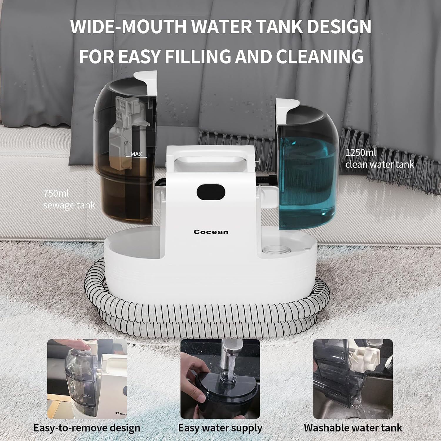 COCEAN Multi-Purpose Portable Carpet and Upholstery Cleaner, Carpet Cleaner Machine Powerful Suction Spot Cleaning, Deep Stain Cleaning for Carpet, Car Seats, Pets, Couches, with BrushHead (White)