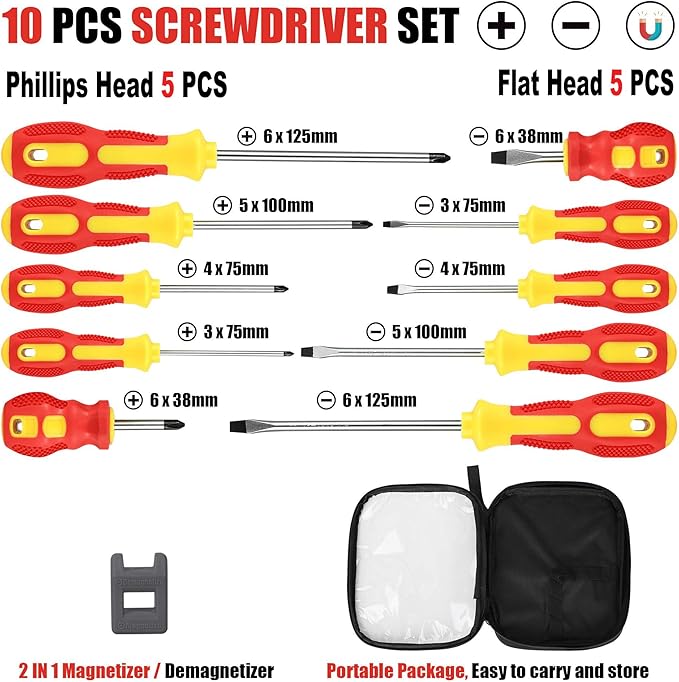 Magnetic Screwdriver Sets 10 PCS,Craftsman Screwdriver Set with Bag,Flat Head Phillips Screwdriver, Non-Slip Cushion Grip for Repair Home Improvement,Red & Yellow