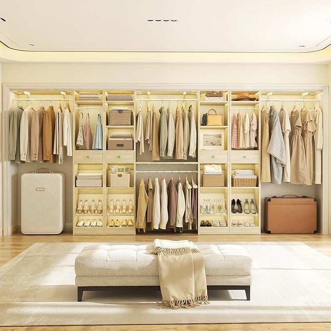 Unikito 10-15FT Closet Systems, Large Wood Walk in Closet Organizer with Hanging Rods and Drawers, 180 Inch Heavy Duty Closets Wardrobe with Shoe Rack, Sturdy Reversible Clothes Closet Kit, White Oak