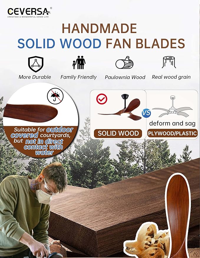 42 Inch Ceiling Fans with Lights and Remote, 3 Blades Outdoor Wood Propeller Ceiling Fans, Dimmable Quiet Noiseless DC Motor for Farmhouse, Living Room, Bedroom, Indoor, Walnut