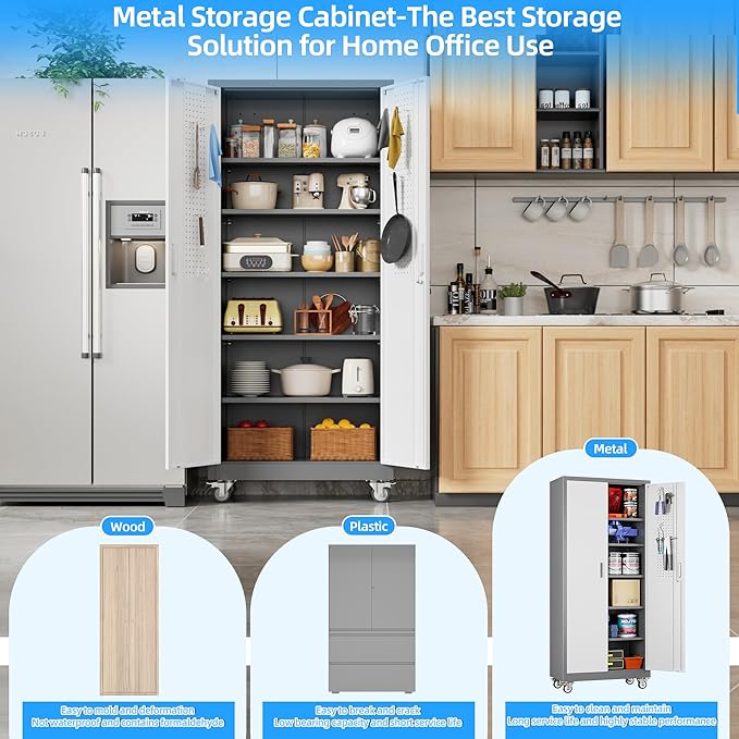 71" H×32" W×16" D Garage Storage Cabinet with Wheels & Pegboard, Locking Metal Storage Cabinet with Doors and 5 Adjustable Shelves & 4 Hooks for Garage Warehouse Home Office, White and Gray