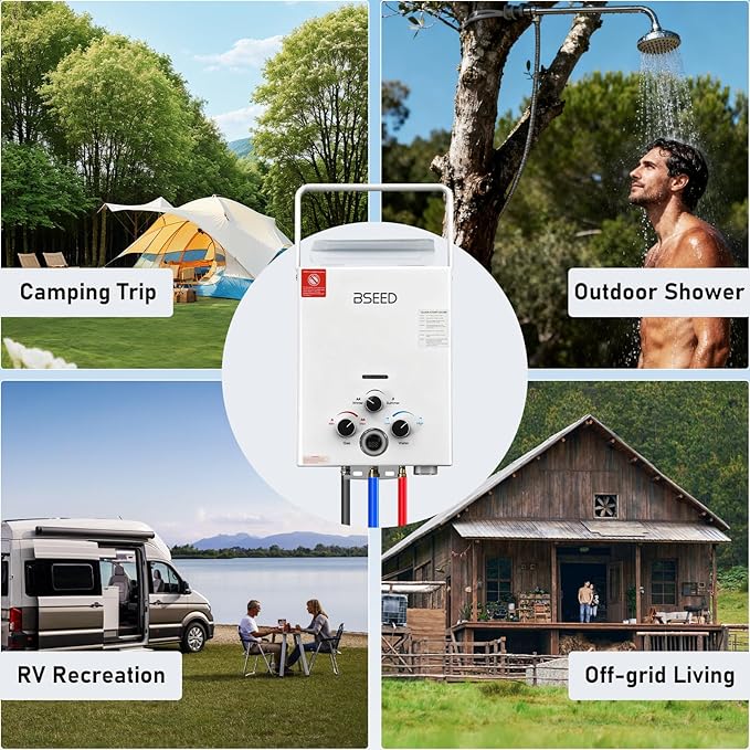 BSEED Propane Water Heater Tankless, 41,000 BTU, 1.58GPM 6L Outdoor Propane Gas Water Heater with Digital Display and Multi-Protection for Camping, RV, Boat, Cabins, White