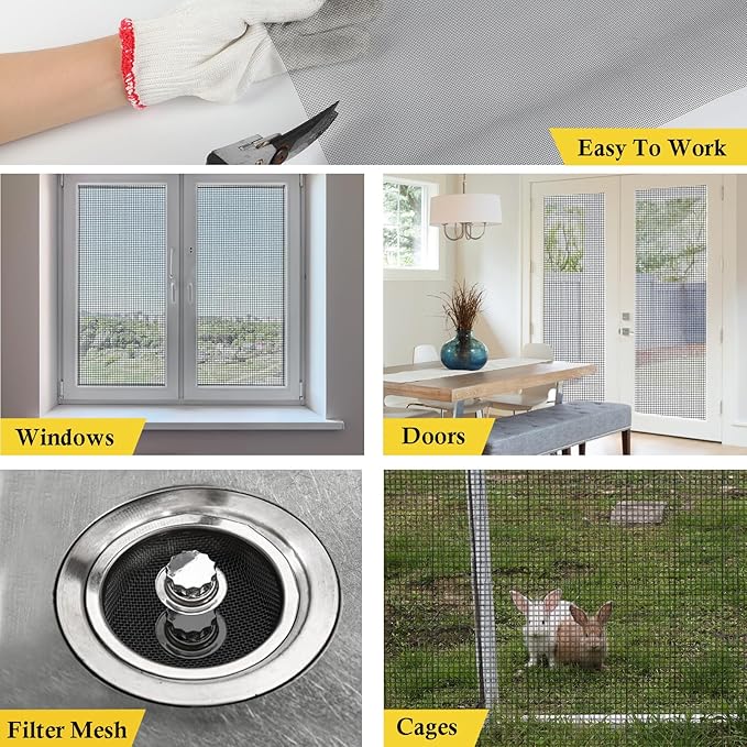 fowong 304 Stainless Steel Mesh Window Screen Roll, Black 35INx10FT Window Screen Replacement, Durable Metal Wire Mesh for Door, Patio, Porch, DIY, Easy to Cut and Install (20 x 22 Mesh)