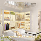 Unikito 110” Closet System with Drawers, 9.3FT Corner Closet Organizer with 4 Hanging Rods, Reversible Large Wood L Shaped Walk in Closets Wardrobe with Shoe Shelves, Max Load 3000LBS, Set of 4, White