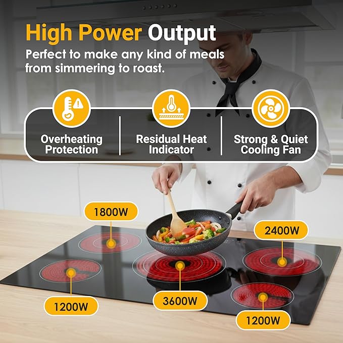 K&H 5 Burner 36 Inch Built-in Electric Stove Top Radiant Ceramic Cooktop Touch Control 240V 9600W CE36-10208