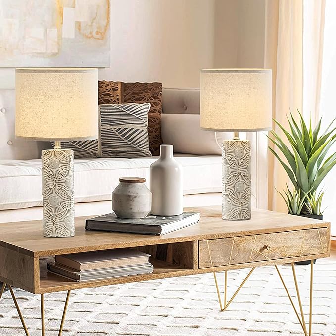 25.25" Tall White Lamps Set of 2 with Floral Design, Farmhouse White Ceramic Lamps Set of 2 for Bedroom, Living Room, Beige Table Lamps for Nightstands, Console Table