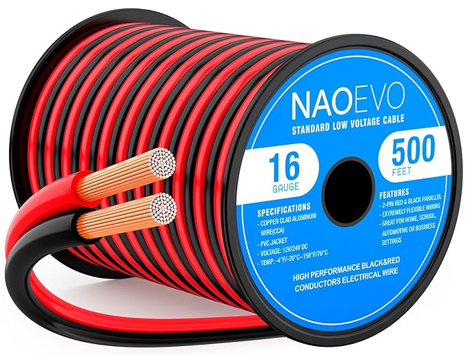 NAOEVO 16 Gauge Wire 500FT, 2 Conductors Electrical Wire Red Black Cable, Flexible/Low Voltage/PVC 16 AWG Copper Clad Aluminum Extension Cord for Speaker, LED Strips, Automotive 12V/24V DC