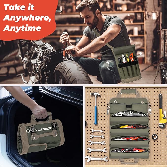 Tool Roll Up Bag, Gifts for Men Dad Husband Him Christmas, Mens Stocking Stuffers, Portable Tools Box Storage for Men, Heavy Duty Tool Organizer W/Detachable Pouches for Electrician Mechanic Carpenter