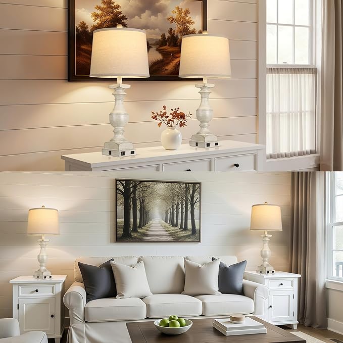 Farmhouse Table Lamp Set of 2, 28'' Bedside Lamps with USB A+C Port, Traditional Nightstand Lamps for Room, Vintage Table Lamp, Desk Lamp for Bedroom, Beige Lampshade, Rocker Switch, Bulb Included