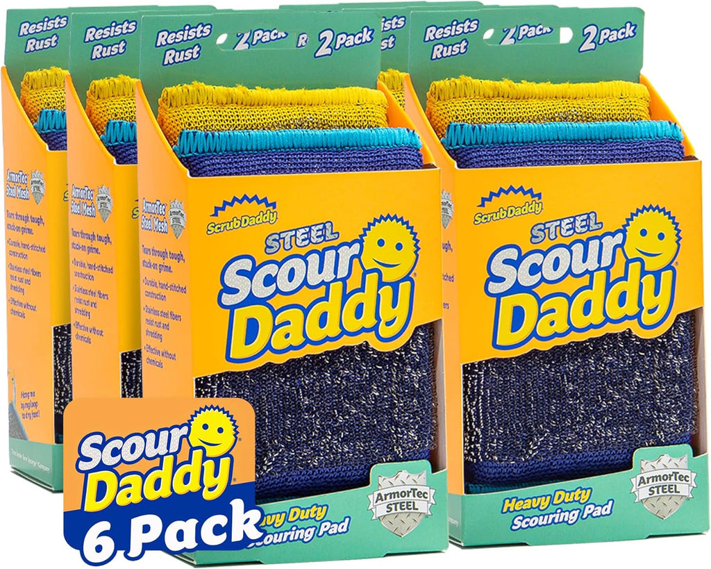 Scrub Daddy Steel Scouring Pad Scrub Sponges - Stainless Steel Scour Daddy - Stainless Steel Fibers Do What Scrubbing Sponges Can't - Durable, Shred-Resistant Scrubbing Pads - 2 Count (6 Pack)
