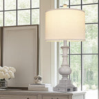 26" Farmhouse Lamp with 2 USB Ports & AC Outlet, Vintage Rustic Touch Control Bedside Lamp, Resin 3-Way Dimmable Nightstand Lamp Fabric Shade for Living Room Bedroom Decor Gray(LED Bulb Included)