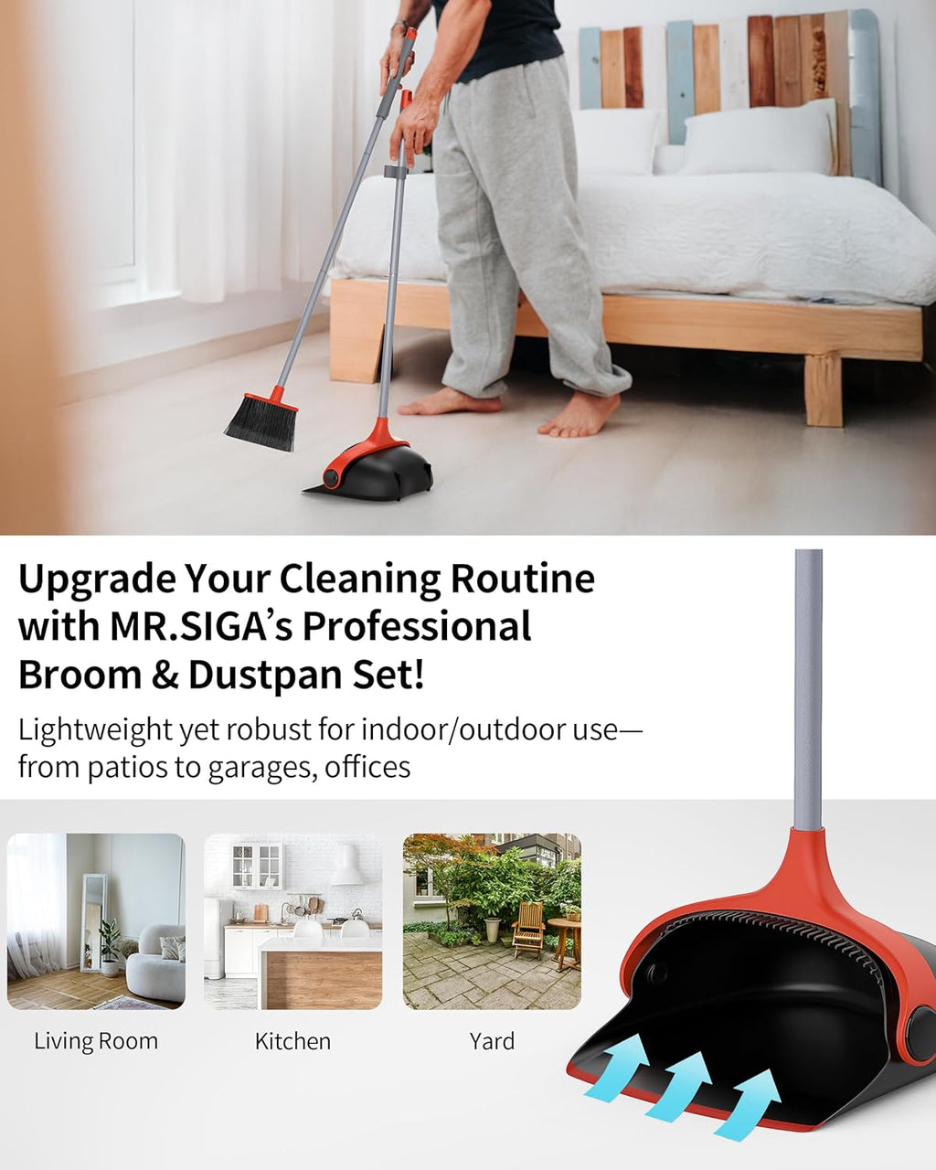 MR.SIGA Broom and Dustpan Set with Long Handle, Stand Upright Broom with Dustpan Combo for Floor Cleaning, Lightweight Sweeping Set for Indoor and Outdoor Use, 51.7"(131 cm) Long Handle, Black & Red
